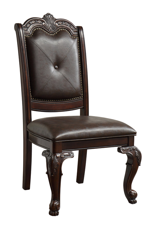 Beautiful Hand Carved Formal Traditional Dining Side Chair with Faux Leather Upholstered Padded Seat and Back Button Tufting Detail Dining Room Solid Wood Furniture Brown Espresso