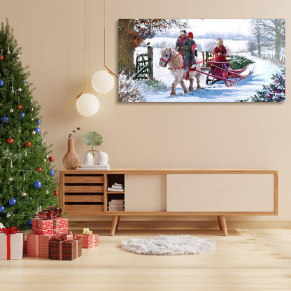 Framed Canvas Wall Art Decor Painting For Chrismas, Kids Riding White Horse Chrismas Gift Painting For Chrismas Gift, Decoration For Chrismas Eve Office Living Room, Bedroom Decor-Ready To Hang