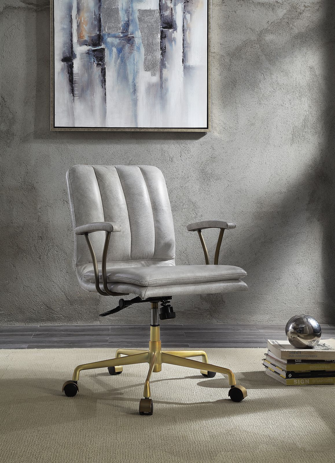 ACME Damir Office Chair, Vintage White Top Grain Leather & Gold 92422