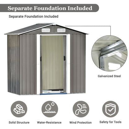 TOPMAX Patio 6ft x4ft Bike Shed Garden Shed, Metal Storage Shed with Lockable Door, Tool Cabinet with Vents and Foundation for Backyard, Lawn, Garden, Gray