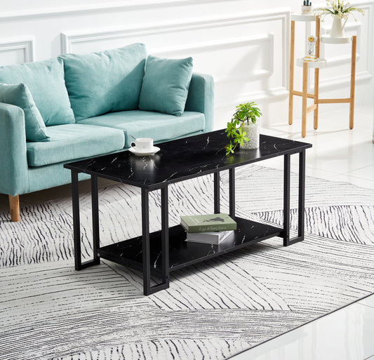 D&N Coffee Table, 2 Layers 1.5cm Thick Marble MDF Rectangle 39.37" L Tabletop Iron Coffee Table , Dining Room, black Top, black Leg