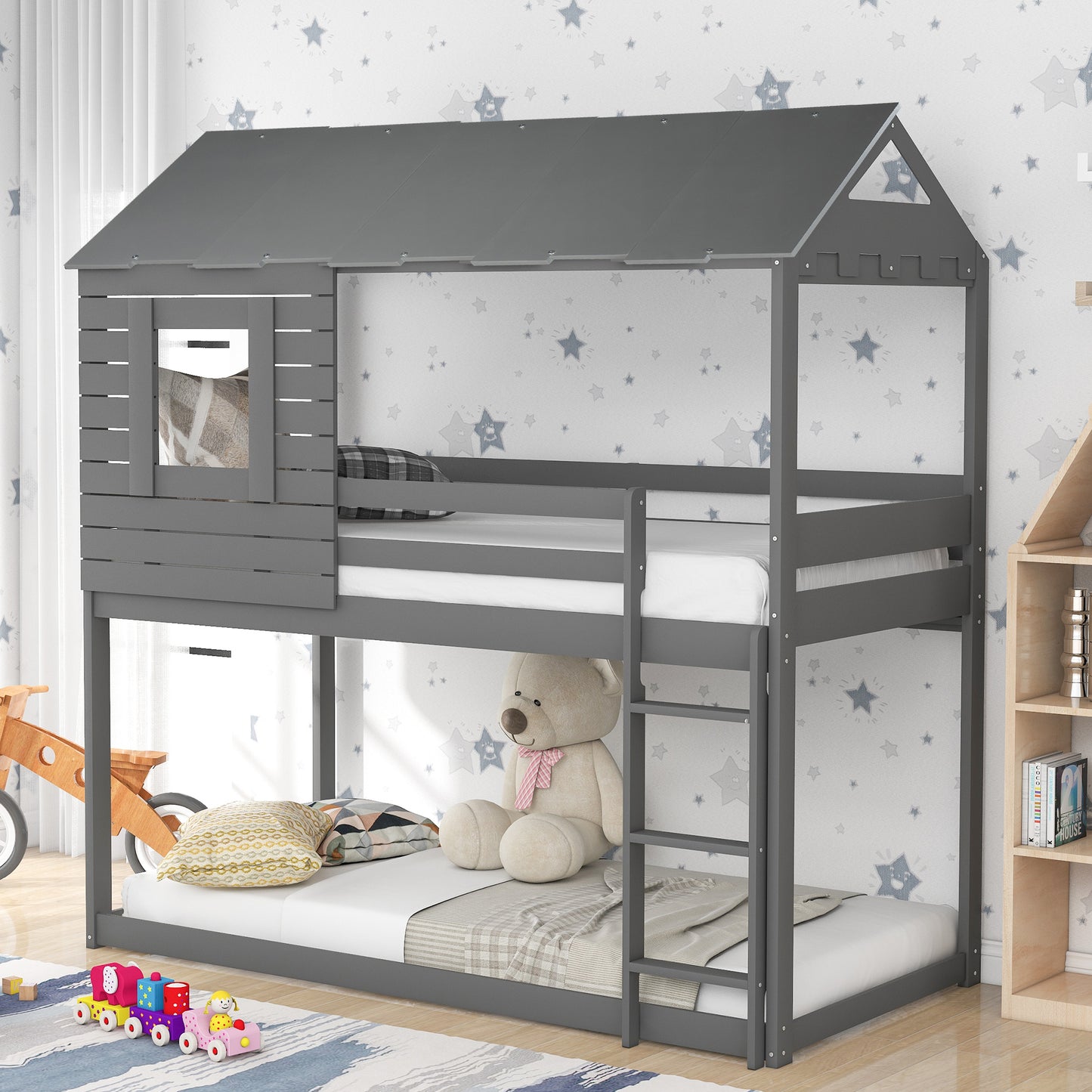 Twin Over Twin Bunk Bed Wood Loft Bed with Roof, Window, Guardrail, Ladder (Gray) (OLD SKU :LP000062AAE)