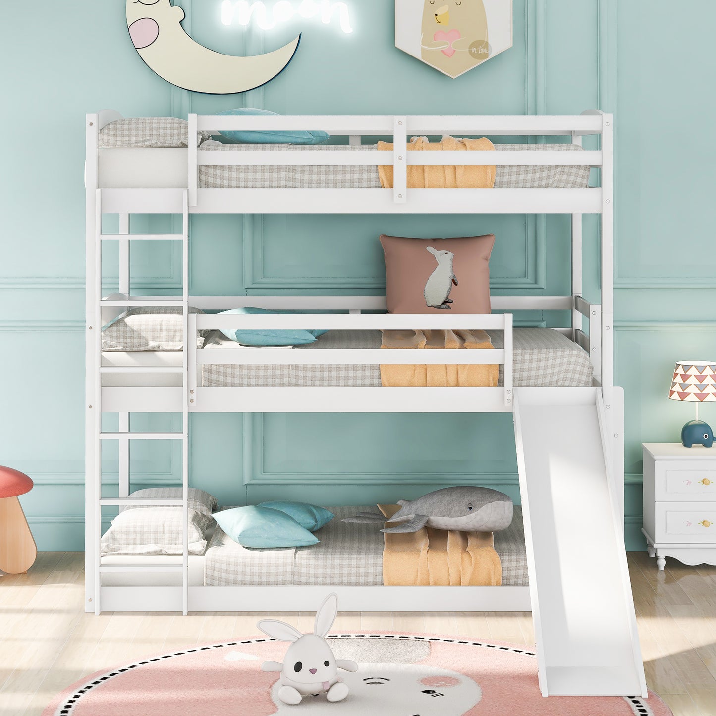 Twin over Twin over Twin Adjustable Triple Bunk Bed with Ladder and Slide,White(OLD SKU:SM000508AAK)(Expected Arrival Time:7.15)