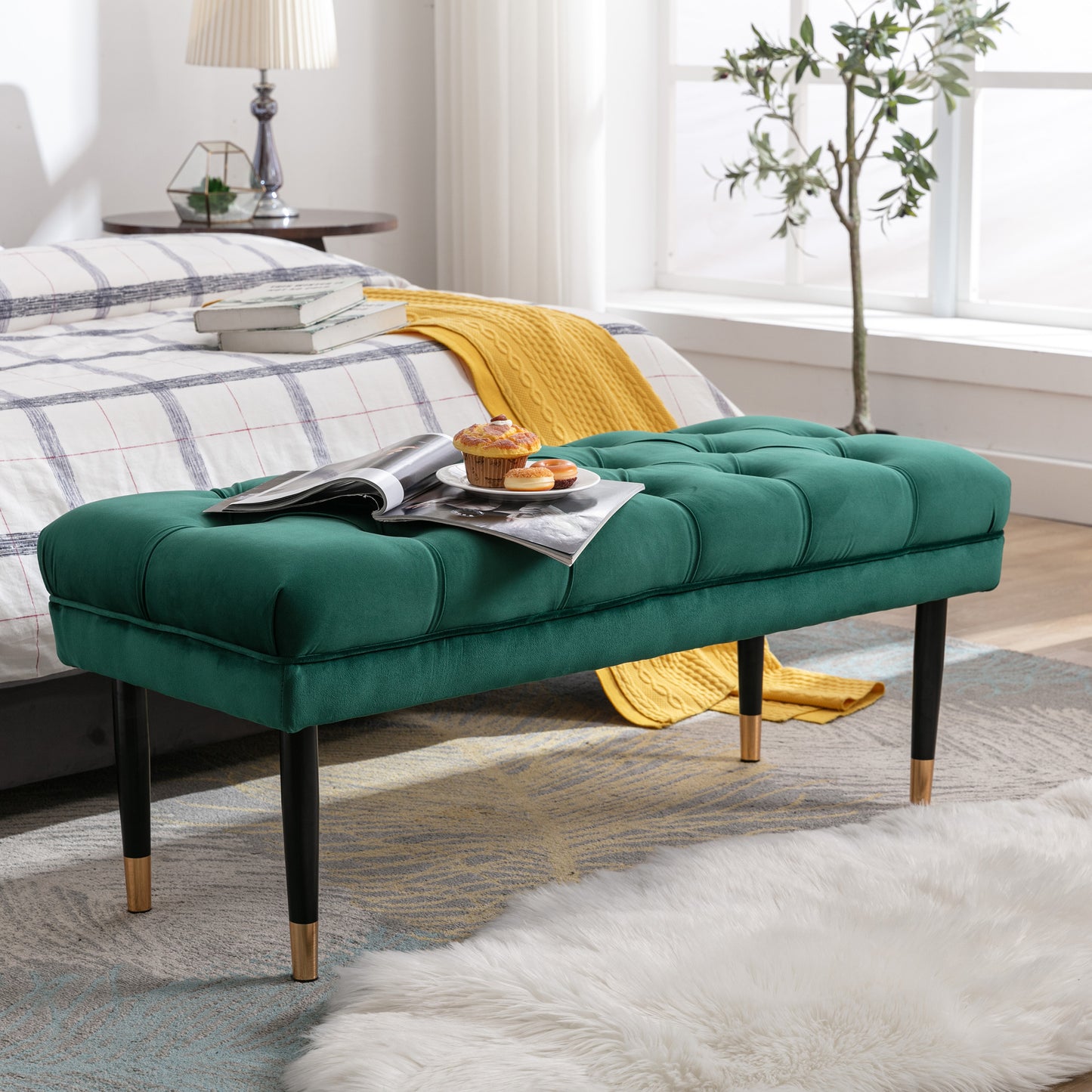 Tufted Bench Modern Velvet Button Upholstered Ottoman enches Bedroom Rectangle Fabric Footstool with Metal Legs for Living Room Entryway,Green