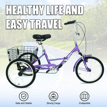 Adult Folding Tricycle ,Foldable 20 inch 3 Wheel Bikes,Single Speed Portable Cruiser Bicycles with Shopping Basket for Seniors,Women, Men