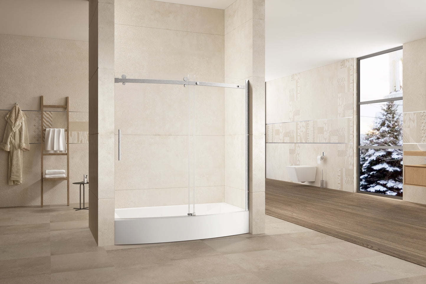 TRUSTMADE Frameless Curved Bathtub Shower Doors 60" Width x 58" Height with 1/3"(8mm) Clear Tempered Glass Finish, K07N-1