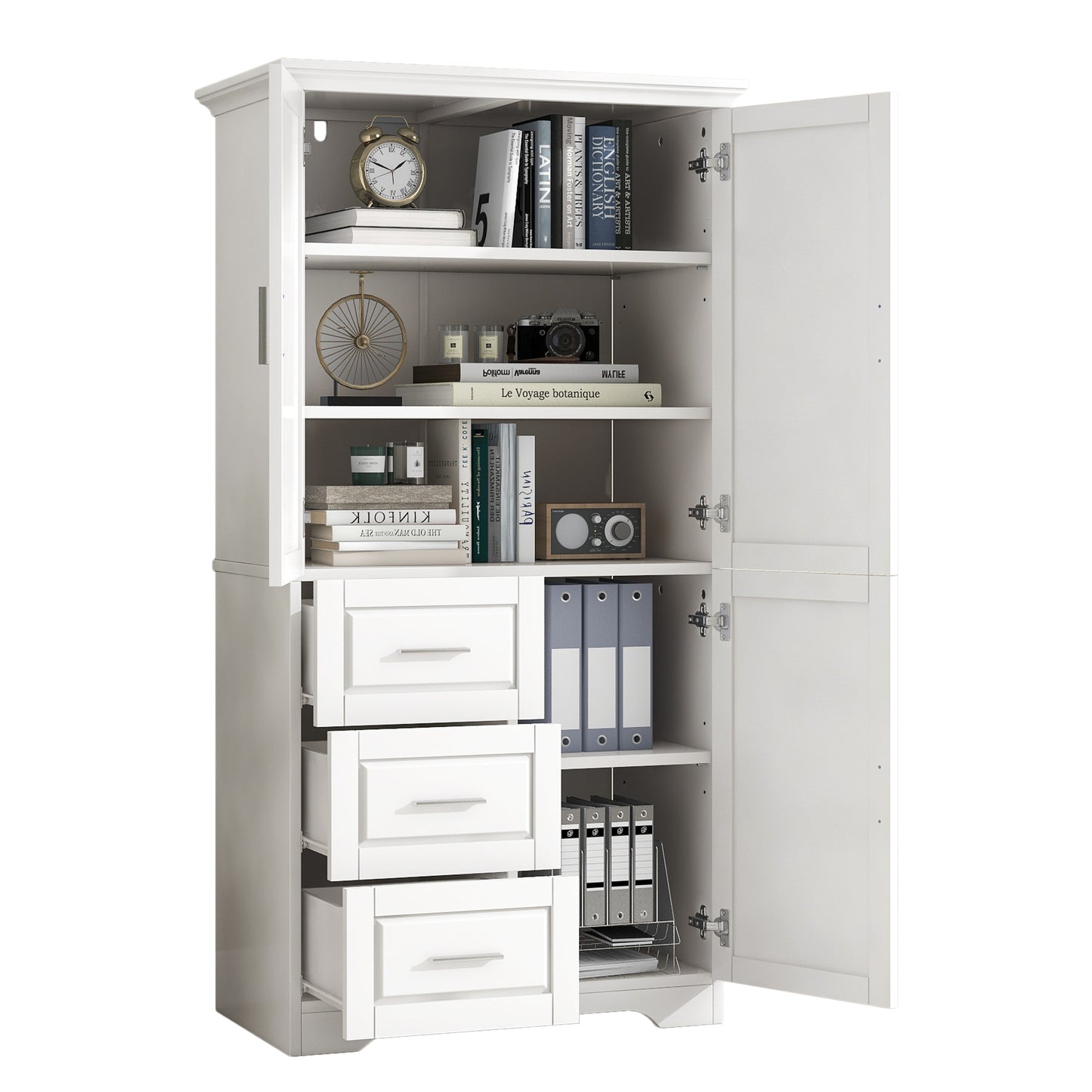 Tall and Wide Storage Cabinet with Doors for Bathroom/Office, Three Drawers, White