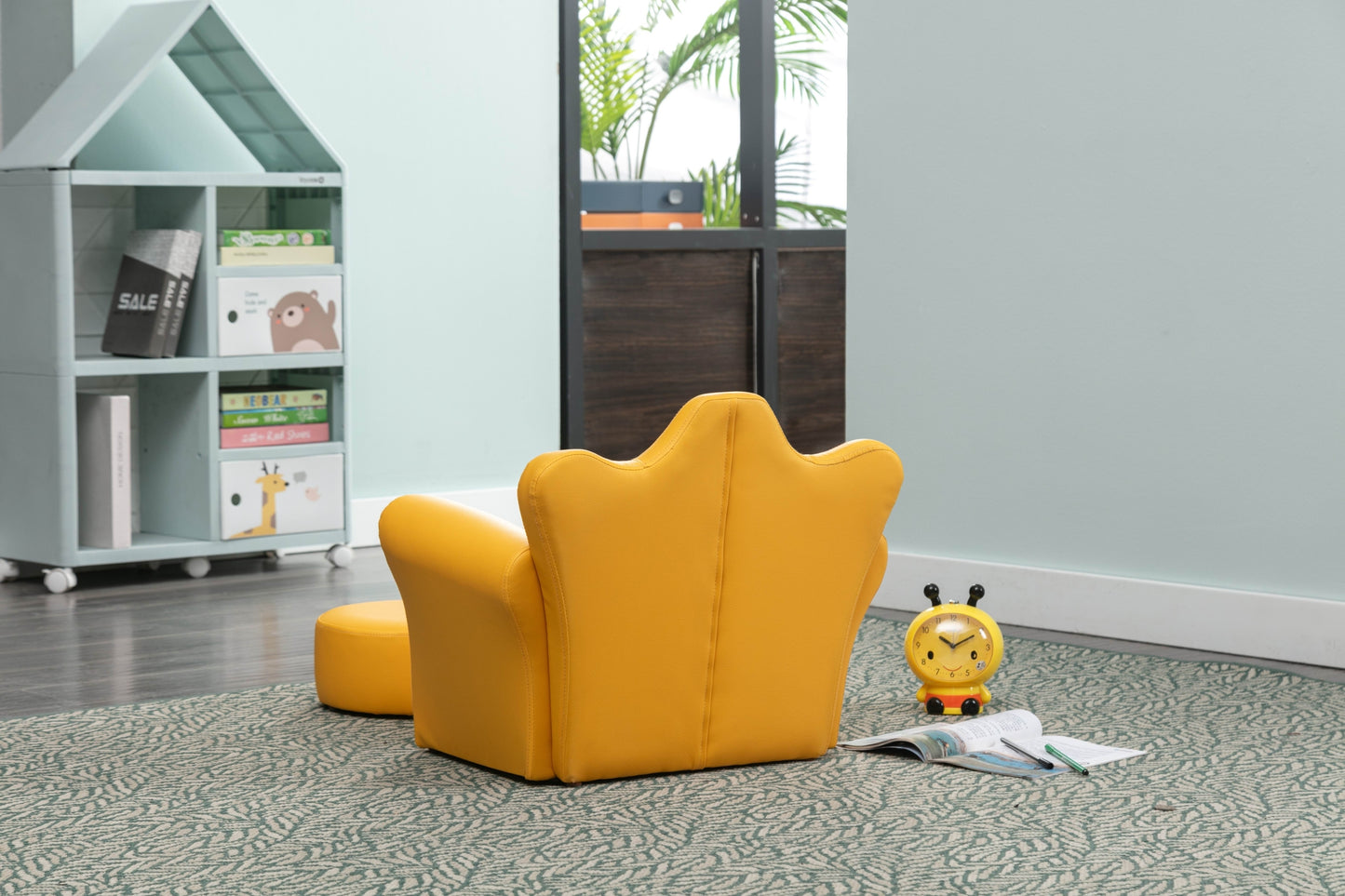 Beautiful Crown Shape 1pc Kids Chair with Ottoman Yellow Color