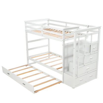 Solid Wood Bunk Bed, Hardwood Twin Over Twin Bunk Bed with Trundle and Staircase, Natural White Finish(OLD SKU :LP000068AAP)