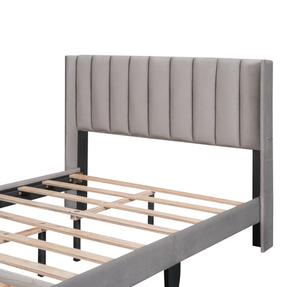 Full Size Storage Bed Velvet Upholstered Platform Bed with a Big Drawer - Gray