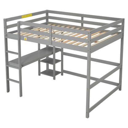 Full Loft Bed with Desk and Shelves,Gray