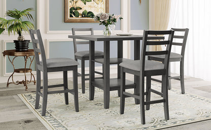 TREXM 5-Piece Wooden Counter Height Dining Set with Padded Chairs and Storage Shelving (Gray)