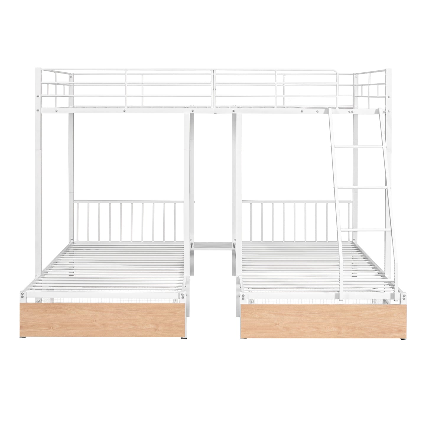 Full Over Twin & Twin Bunk Bed, Metal Triple Bunk Bed with Drawers and Guardrails, White