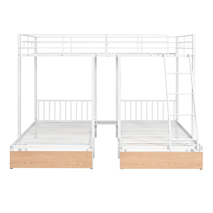 Full Over Twin & Twin Bunk Bed, Metal Triple Bunk Bed with Drawers and Guardrails, White