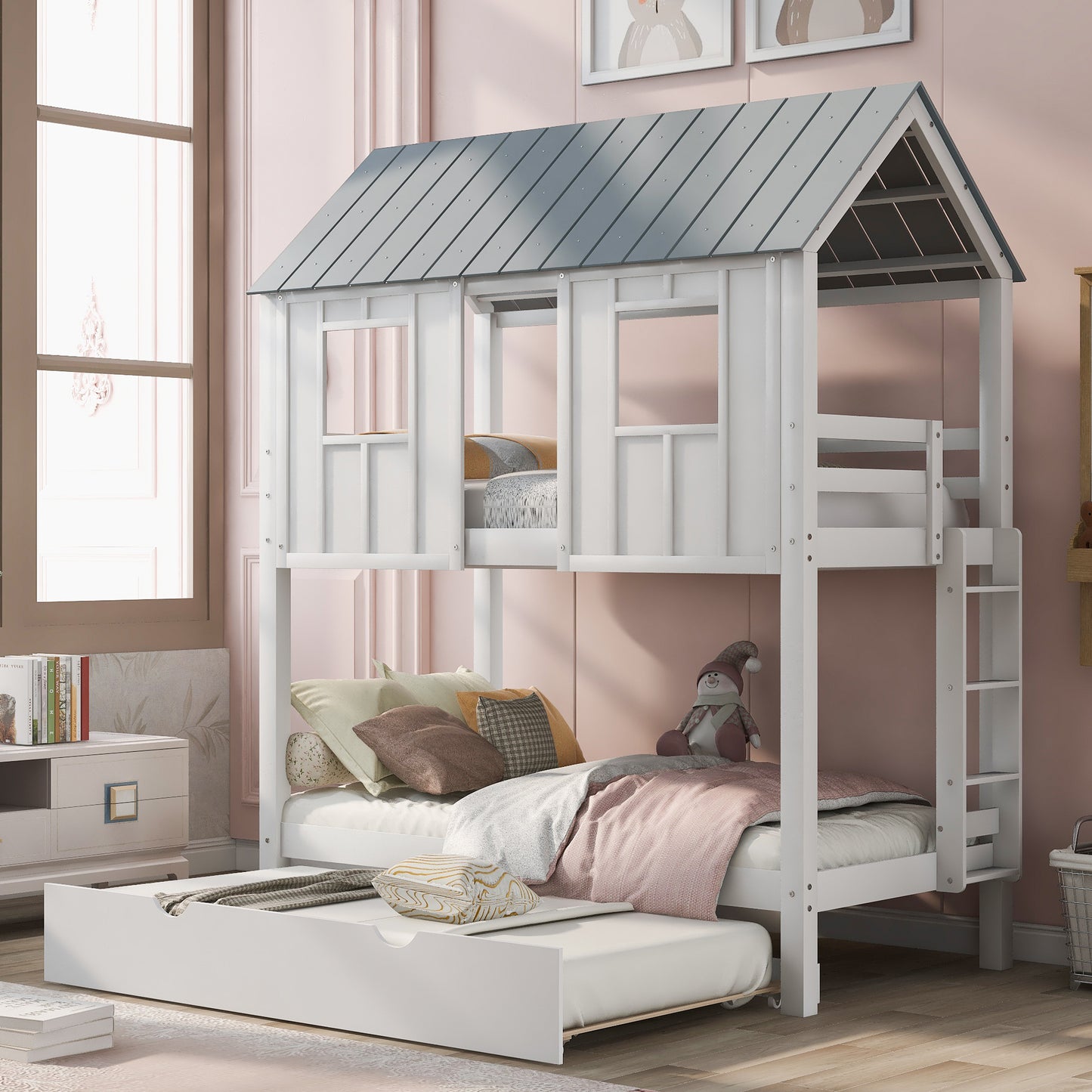 House Bunk Bed with Trundle,Roof and Windows,White(OLD SKU:GX000705AAK)