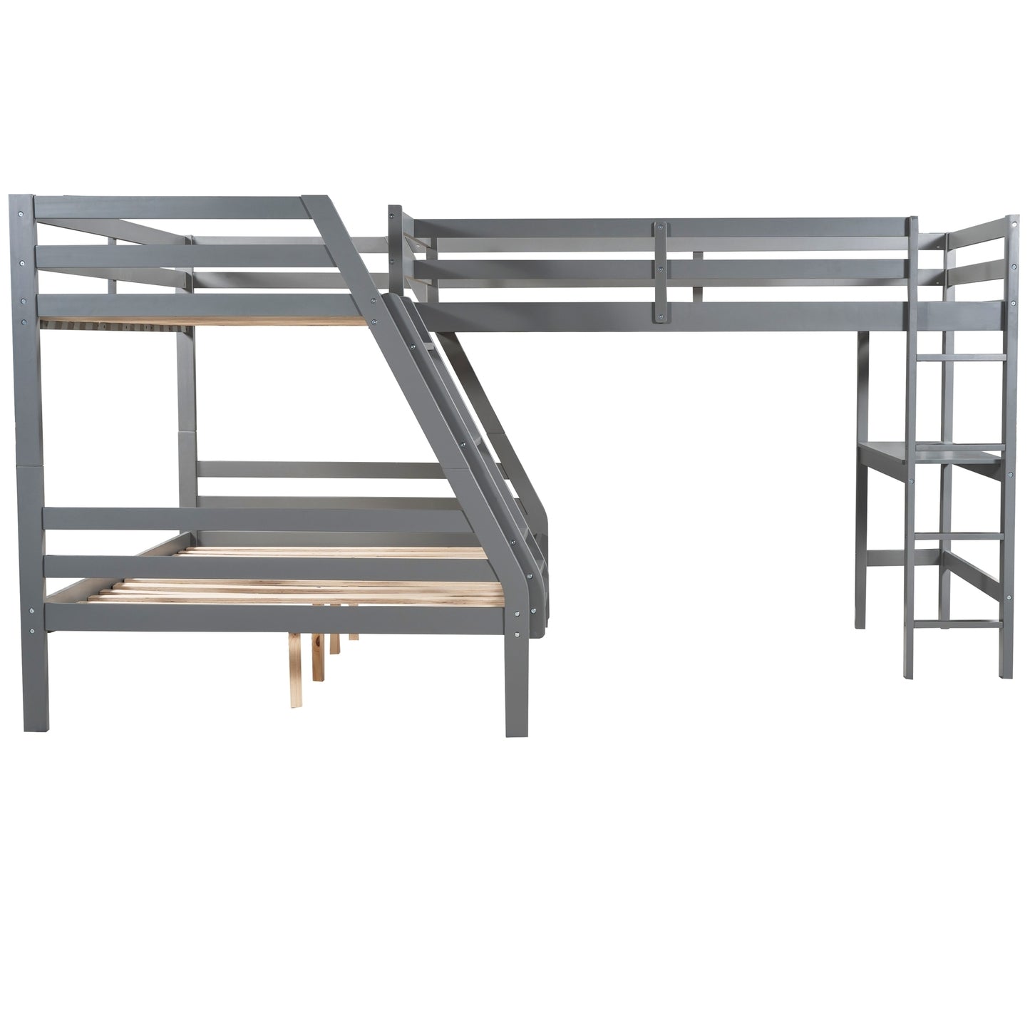 L-Shaped Twin over Full Bunk Bed and Twin Size Loft Bed with Built-in Desk,Gray