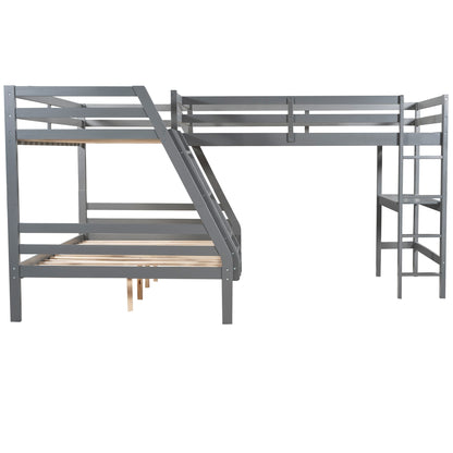 L-Shaped Twin over Full Bunk Bed and Twin Size Loft Bed with Built-in Desk,Gray