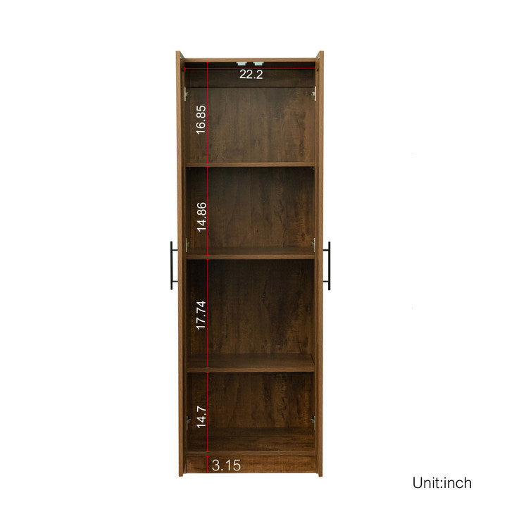 High wardrobe and kitchen cabinet with 2 doors and 3 partitions to separate 4 storage spaces, walnut