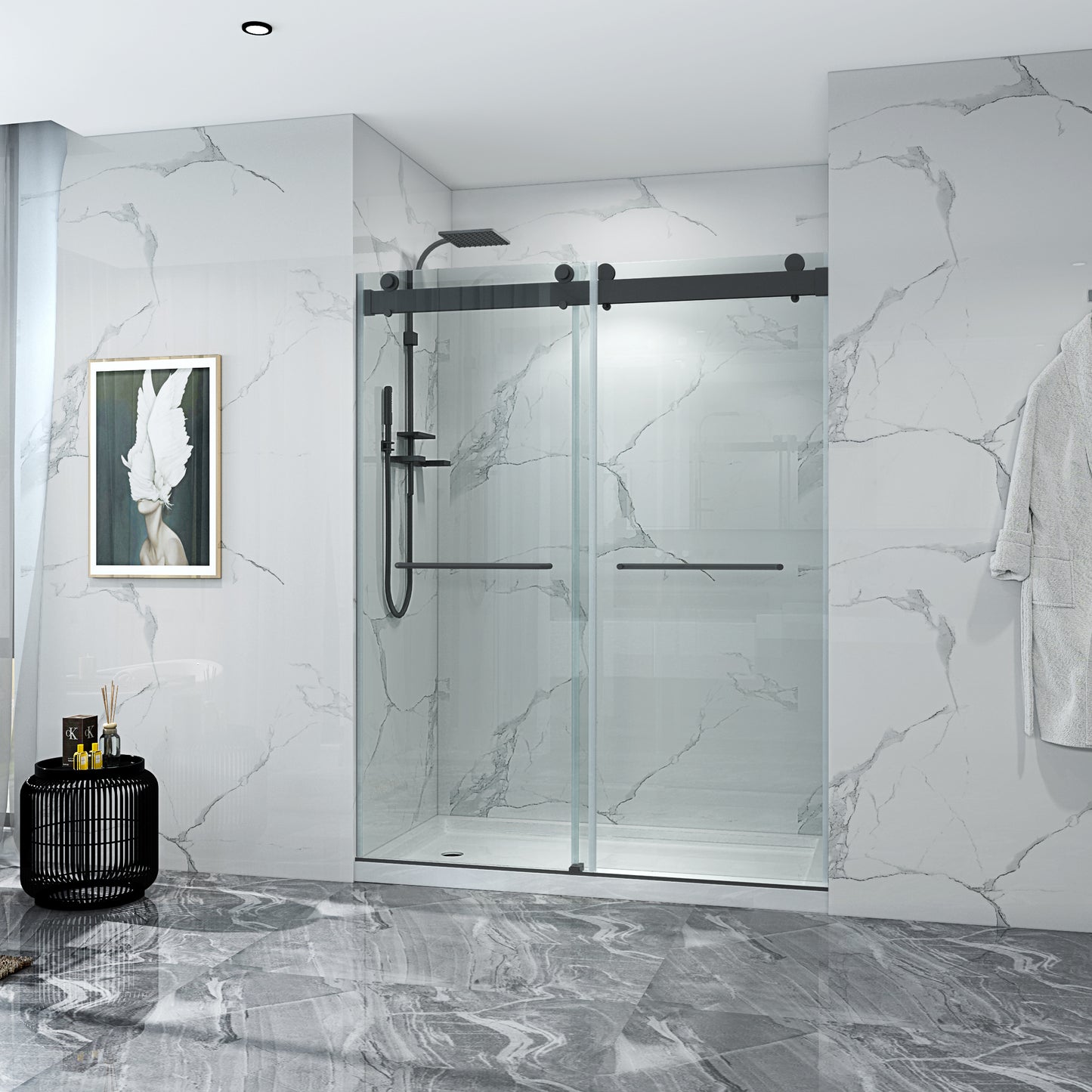 60 in. W x 76 in. HSliding Frameless Shower Door in Matte Black with Clear Glass