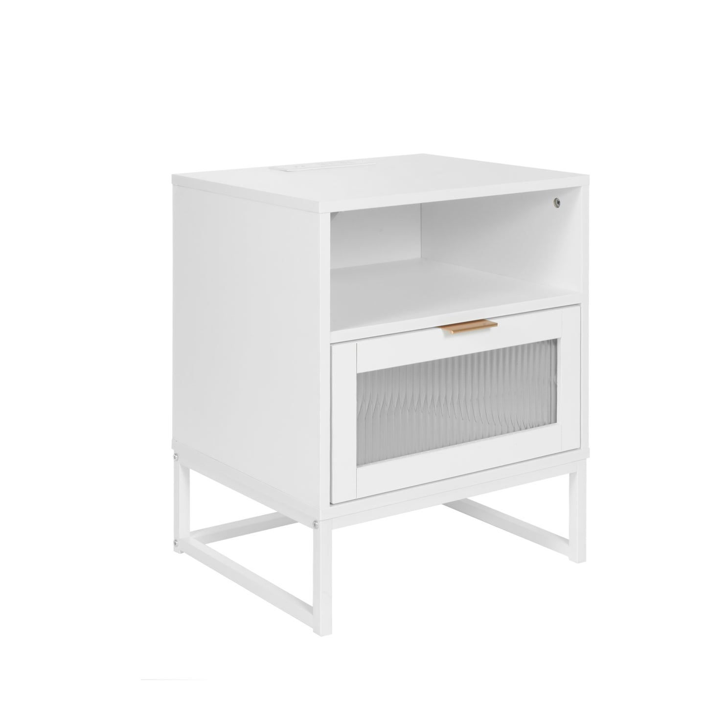 Nightstand with  LED Lights / Drawer, White Bedside Table for Bedroom