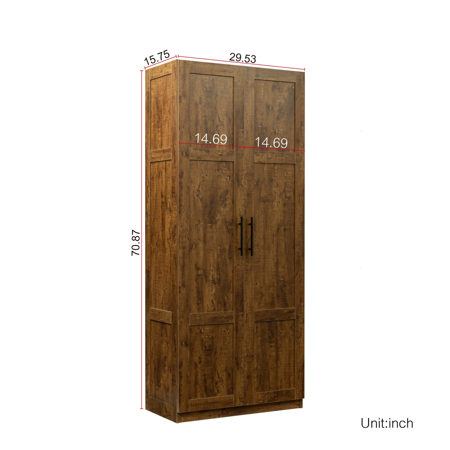 High wardrobe and kitchen cabinet with 2 doors and 3 partitions to separate 4 storage spaces, walnut