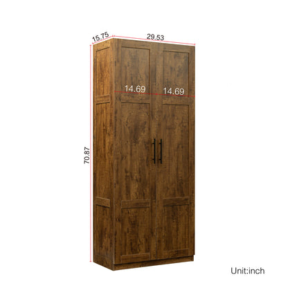 High wardrobe and kitchen cabinet with 2 doors and 3 partitions to separate 4 storage spaces, walnut