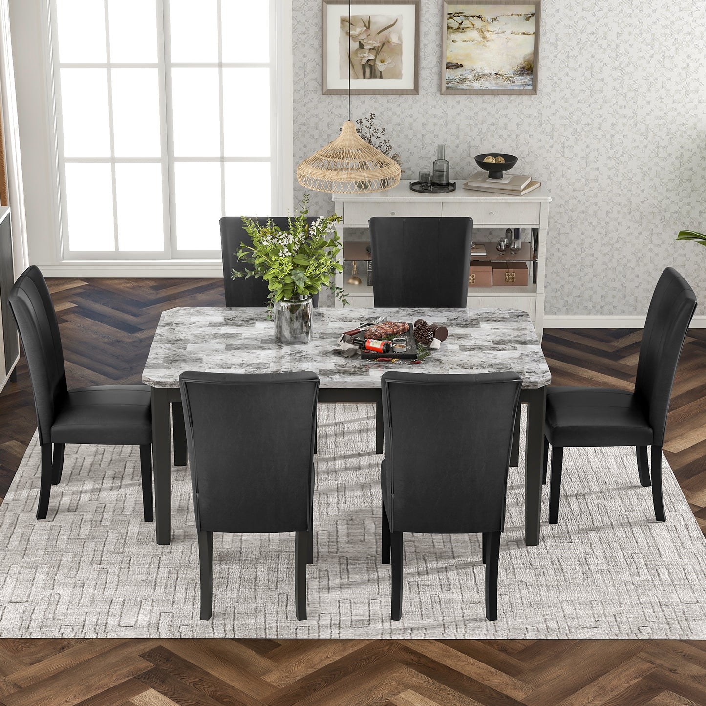 7-piece Dining Table Set with 1 Faux Marble Top Table and 6 Upholstered-Seats,Table: 66in.Lx38in.Wx30in.H, Chair: 20.5in.Lx26.25in.Wx38.5in.H