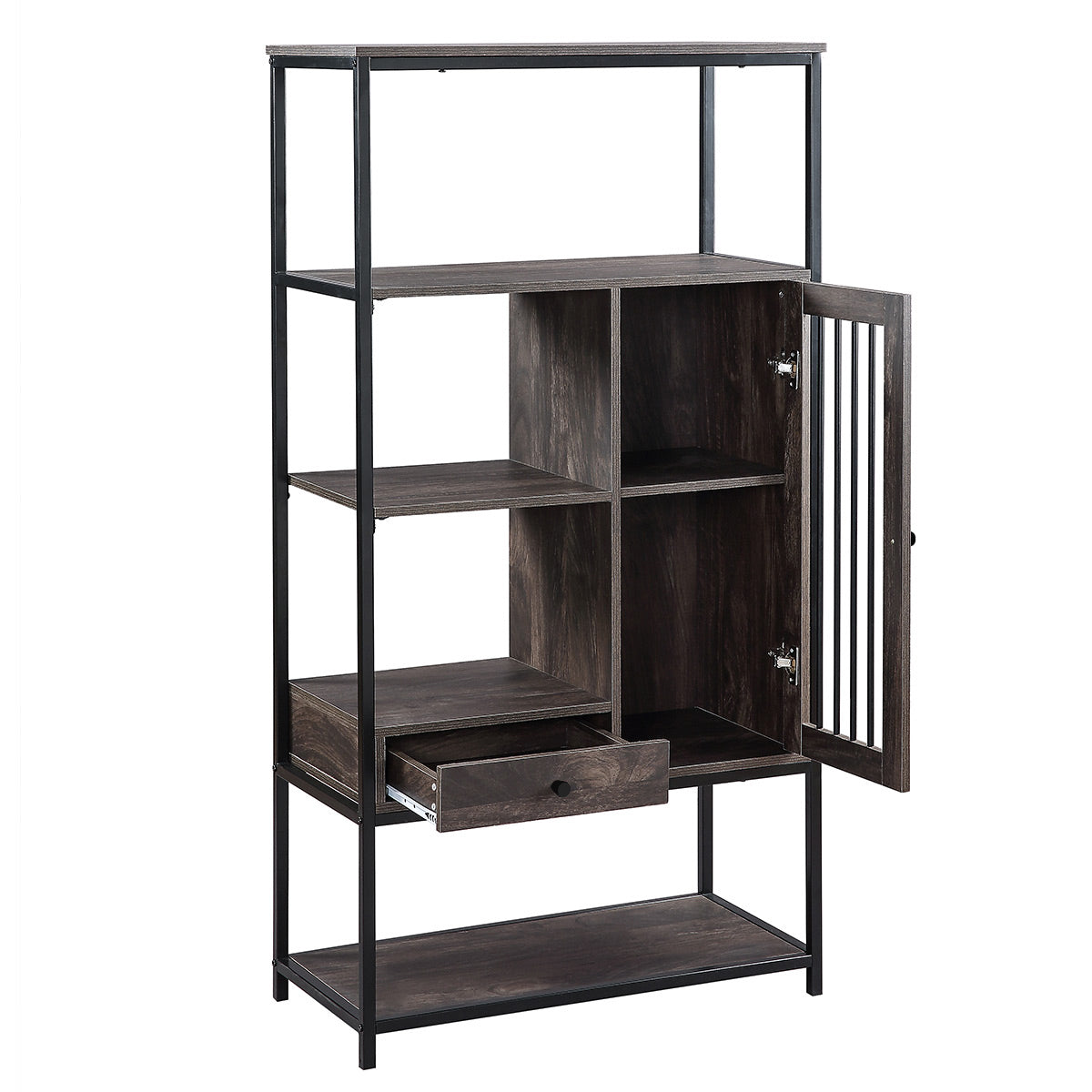 Home Office Bookcase and Bookshelf 5 Tier Display Shelf with Doors and Drawers, Freestanding Multi-functional Decorative Storage Shelving, Vintage Brown Industrial Style (Brown)