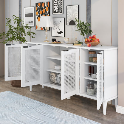 TREXM Large Storage Space Sideboard with Artificial Rattan Door and Unobtrusive Doorknob for Living Room and Entryway (White)