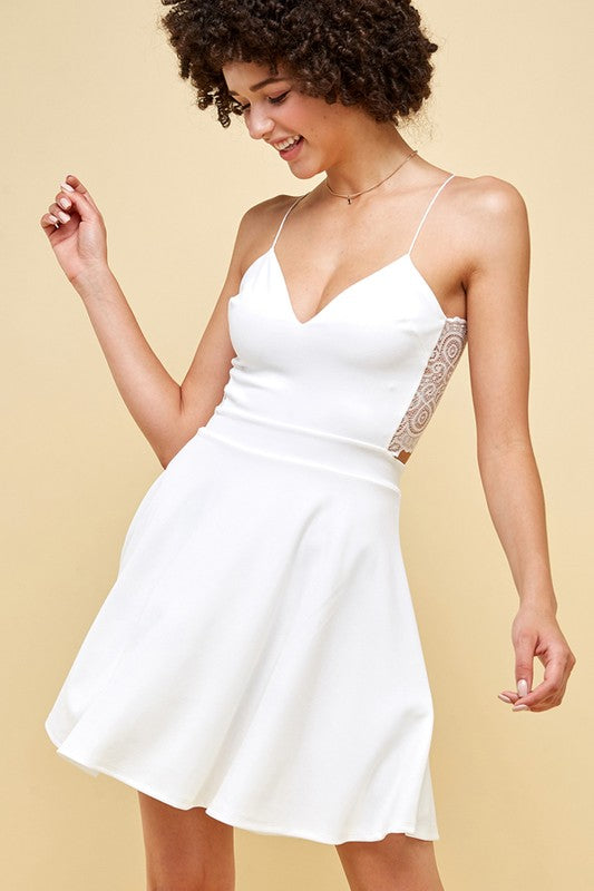 Solid  V-Neck Flowy  Lace Trim Dress