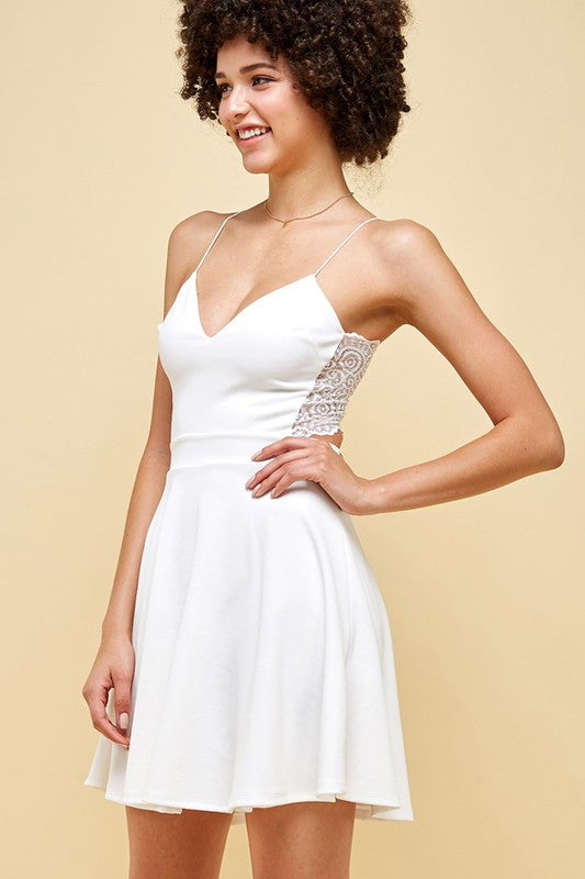 Solid  V-Neck Flowy  Lace Trim Dress