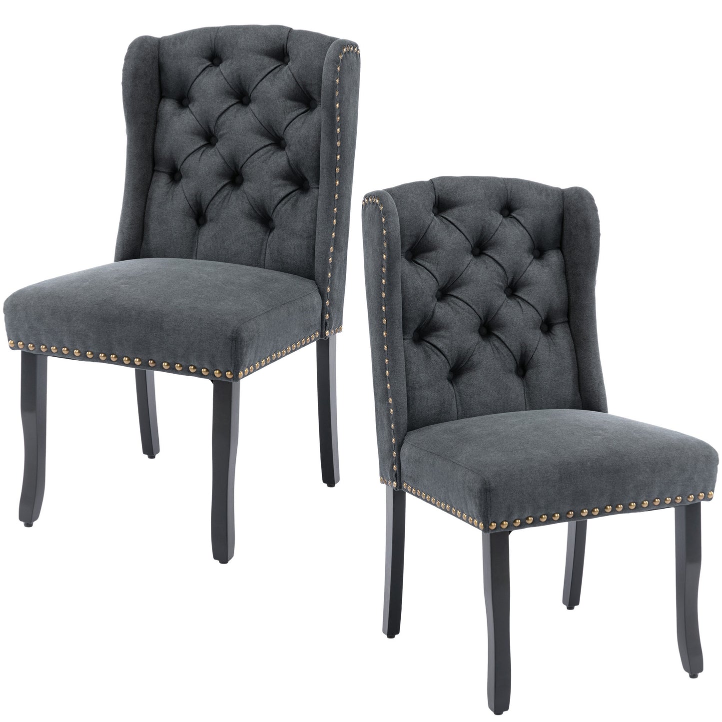 TREXM Cotton Fabric Dining Chairs Set of 2, Upholstered Dining Room Chairs with Solid Wood Legs, Wingback and Button Tufting (Dark Gray)