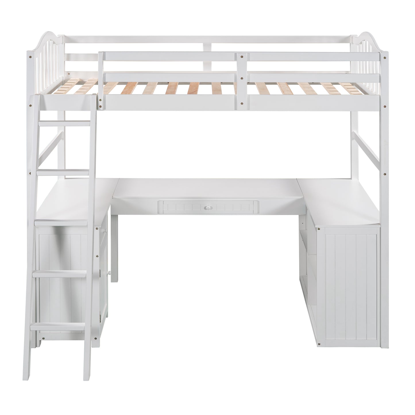 Twin size Loft Bed with Drawers, Cabinet, Shelves and Desk, Wooden Loft Bed with Desk - White(OLD SKU :LP000505AAK)