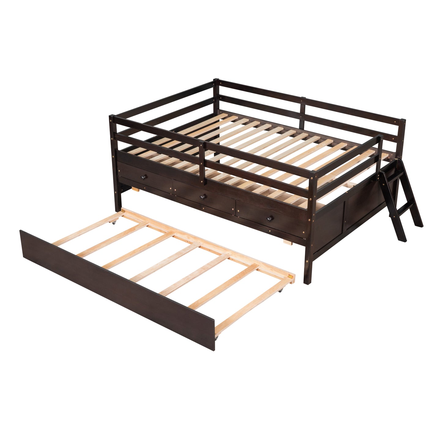 Low Loft Bed Full Size with Full Safety Fence, Climbing ladder, Storage Drawers and Trundle Espresso Solid Wood Bed