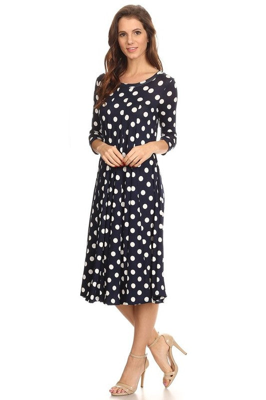 Paneled polka dot a-line midi dress