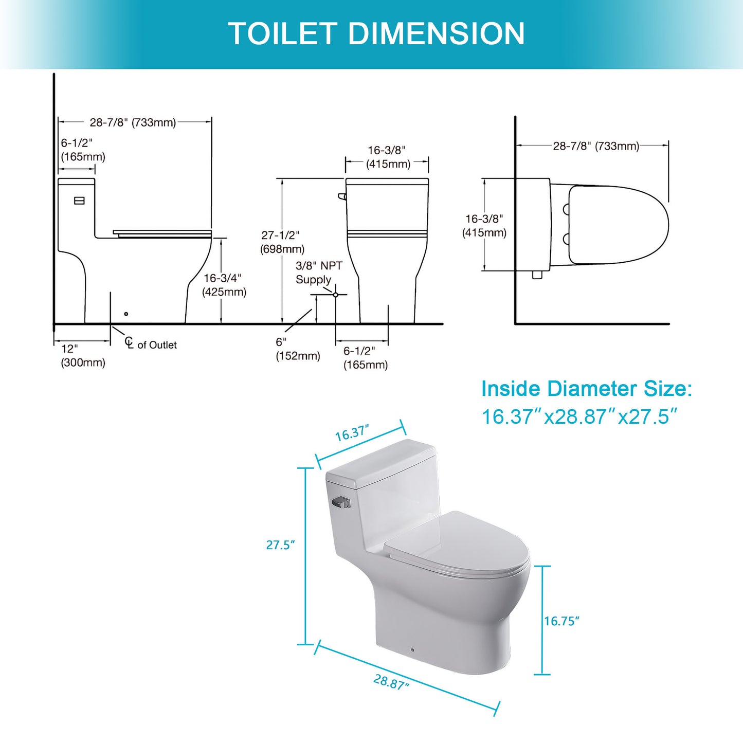 Ceramic One Piece Toilet,Single Flush with Soft Clsoing Seat