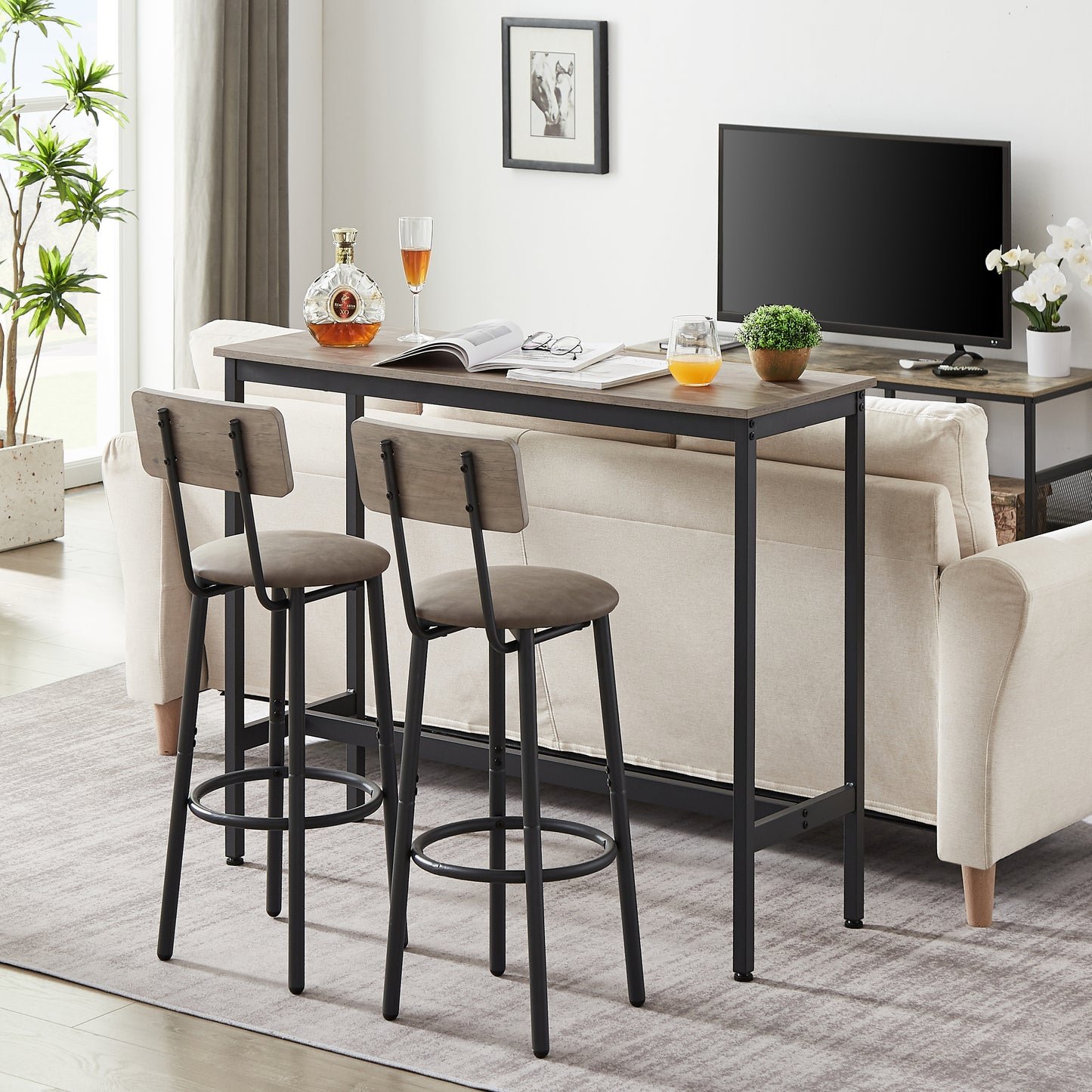 JHX Bar Table Set with 2 Bar stools PU Soft seat with backrest (Grey,43.31’’L*15.75’’W*35.43’H)