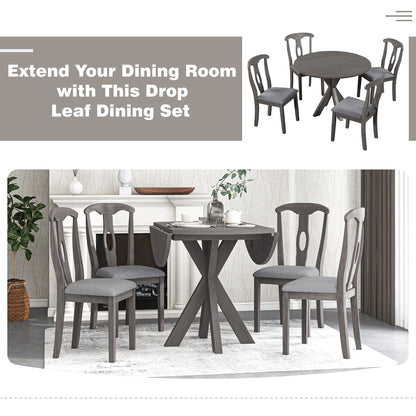 TOPMAX Rustic Farmhouse 5-Piece Wood Round Dining Table Set for 4, Kitchen Furniture with Drop Leaf and 4 Padded Dining Chairs for Small Places, Grey