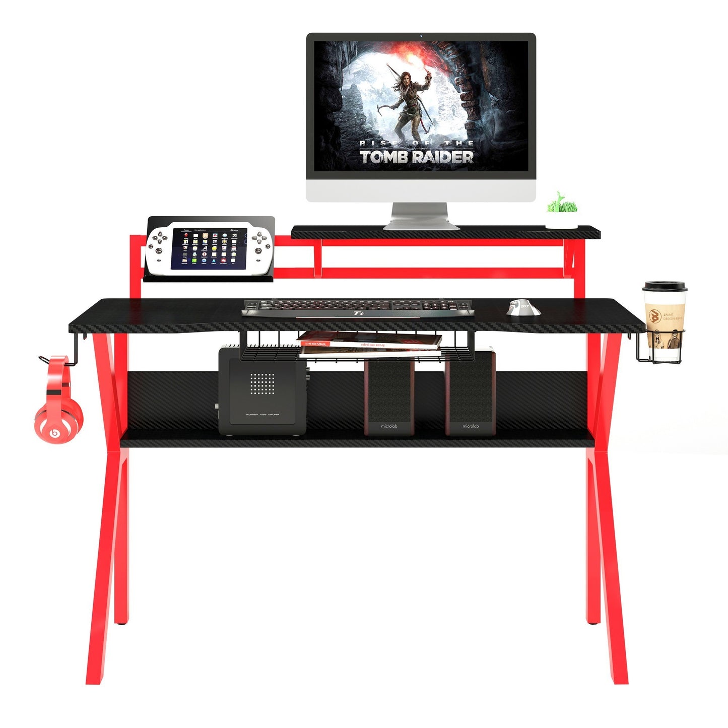 PVC Coated Ergonomic Metal Frame Gaming Desk, Black and Red