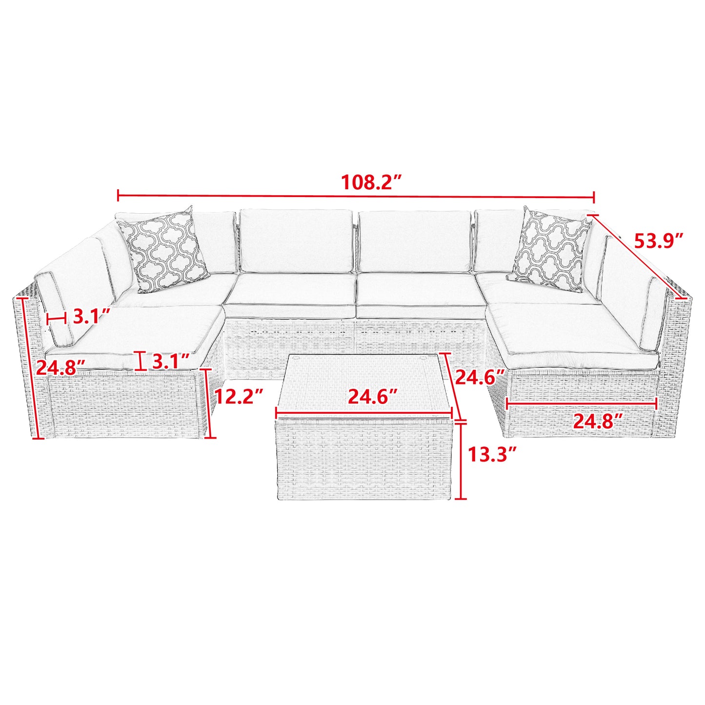 7Pcs Outdoor Garden Patio Furniture  PE Rattan Wicker  Sectional Cushioned Sofa Sets with 2 Pillows and Coffee Tablemodular sectional sofa sets