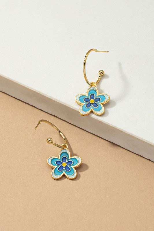 Colorful flower dangling hoop earrings