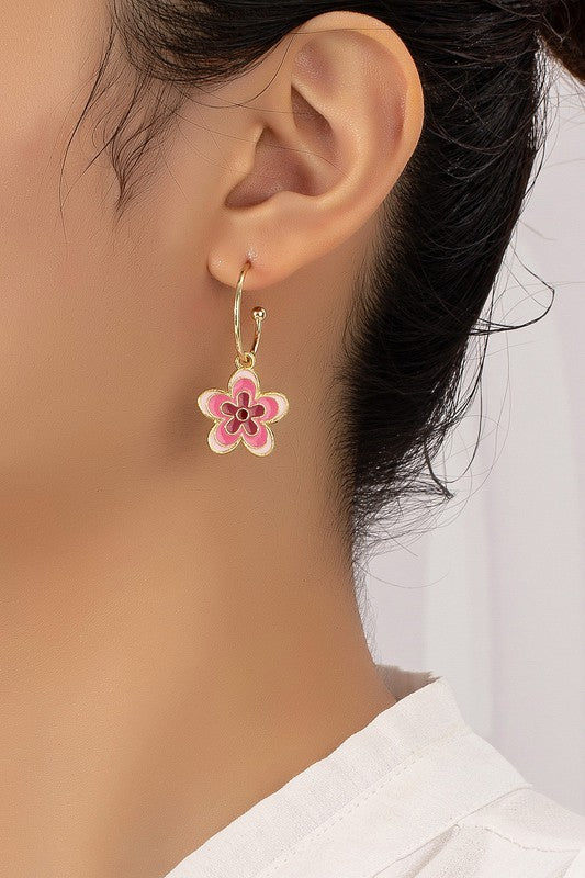 Colorful flower dangling hoop earrings