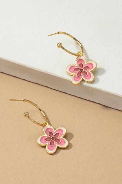 Colorful flower dangling hoop earrings