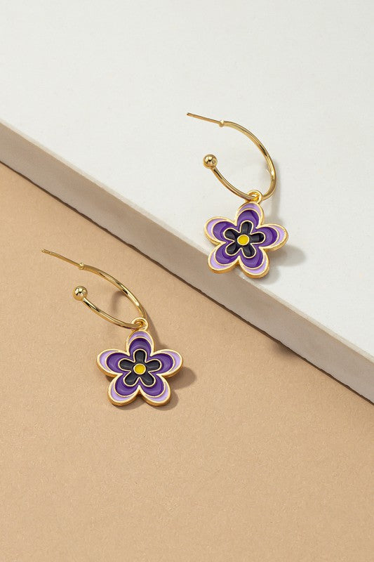 Colorful flower dangling hoop earrings