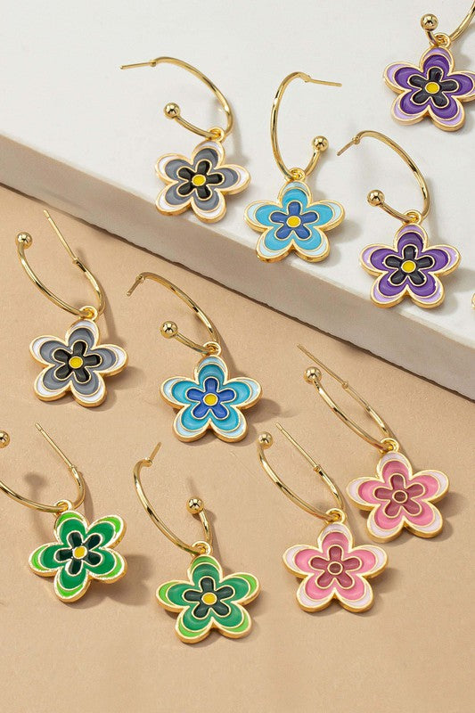 Colorful flower dangling hoop earrings