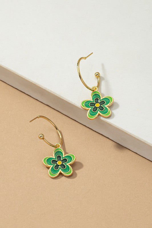 Colorful flower dangling hoop earrings