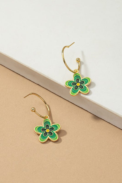 Colorful flower dangling hoop earrings