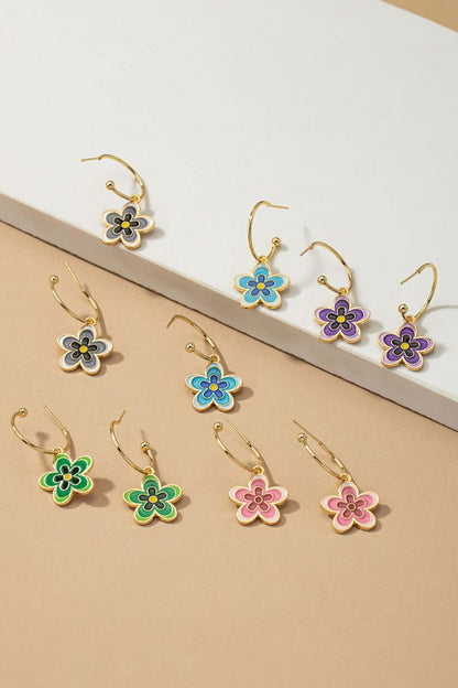 Colorful flower dangling hoop earrings