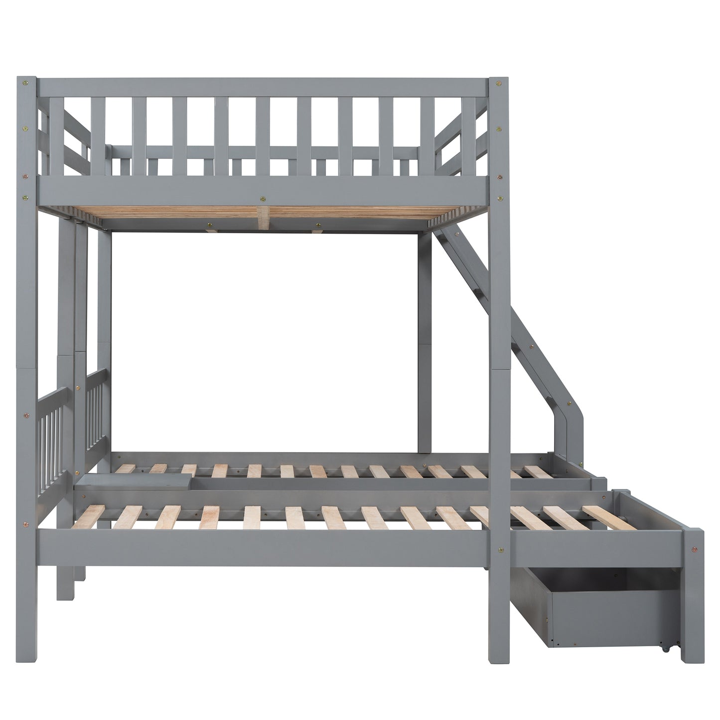 Full Over Twin & Twin Bunk Bed, Wood Triple Bunk Bed with Drawers and Guardrails  (Gray) （OLD SKU:LP000143AAE）