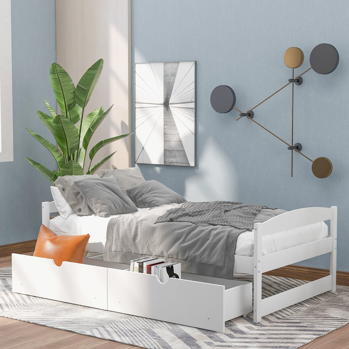 Twin size platform bed, with two drawers, white（New）